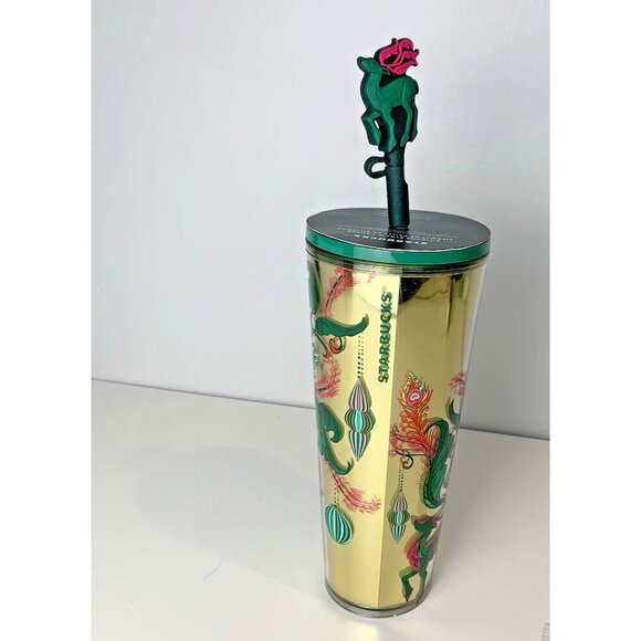 NEW Starbucks Christmas Reindeer Tumbler Gold Green 2024 Topper Straw 24 oz - Picture 4 of 9